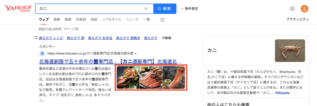 Yahoo!検索広告の「画像アセット」がPCデバイスで表示されている検索画面